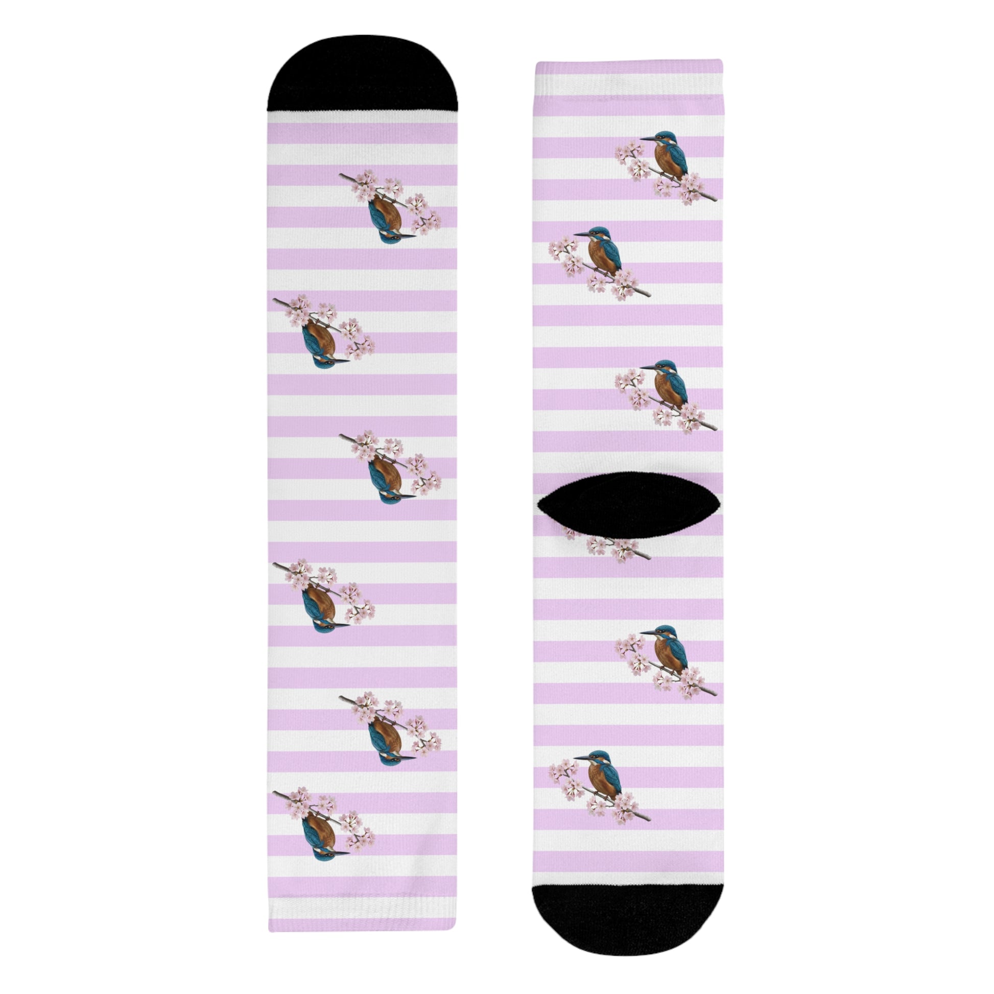 Eisvogel Socken – mit Kirschblüten | Weiß Rosa gestreifte Vogelmotiv Strümpfe
