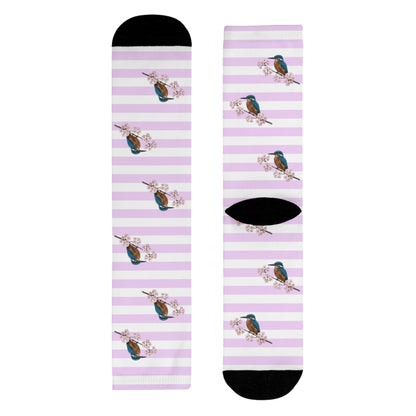 Eisvogel Socken – mit Kirschblüten | Weiß Rosa gestreifte Vogelmotiv Strümpfe