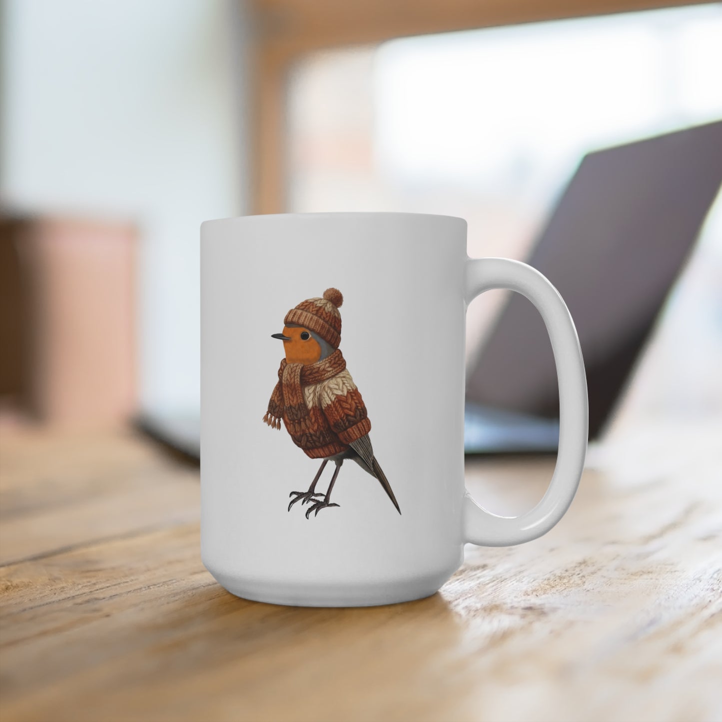 Rotkehlchen mit Strickpullover Weihnachtliche Tasse mit Vogelmotiv – Ideal für Kakao & Kaffee