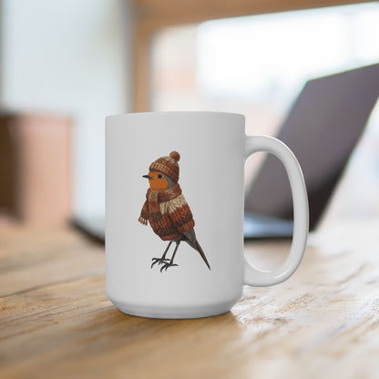 Rotkehlchen mit Strickpullover Weihnachtliche Tasse mit Vogelmotiv – Ideal für Kakao & Kaffee