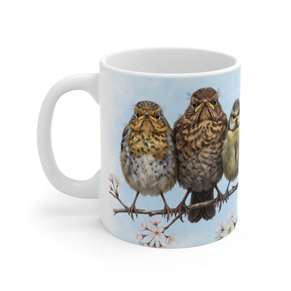 Amsel Rotkehlchen Eule Ästlinge Premium Keramiktasse | Geschenk für Vogelbeobachter