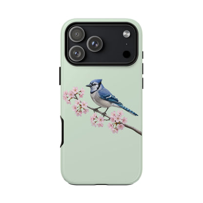Blauhäher Handyhülle in Salbeigrün | Florales Kirschblüten Vogel-Motiv für iPhone & Google Pixel