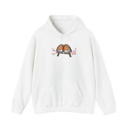 Premium Hoodie Rotkehlchen kuscheln auf einem Ast für Vogelbeoachter | Gemütlicher Unisex Kapuzenpullover