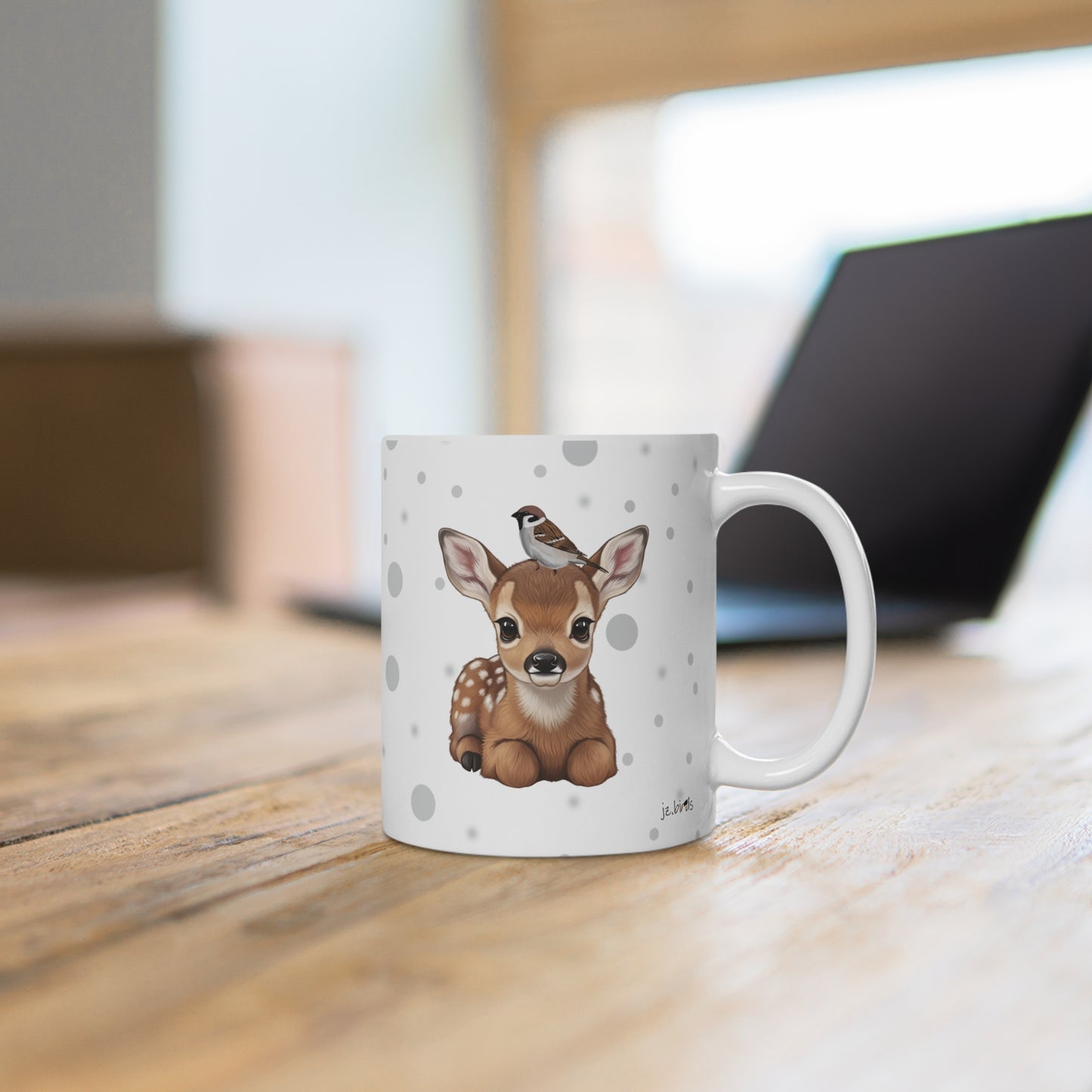 Rehkitz Tasse mit Spatz Tiermotiv Punkte Grau
