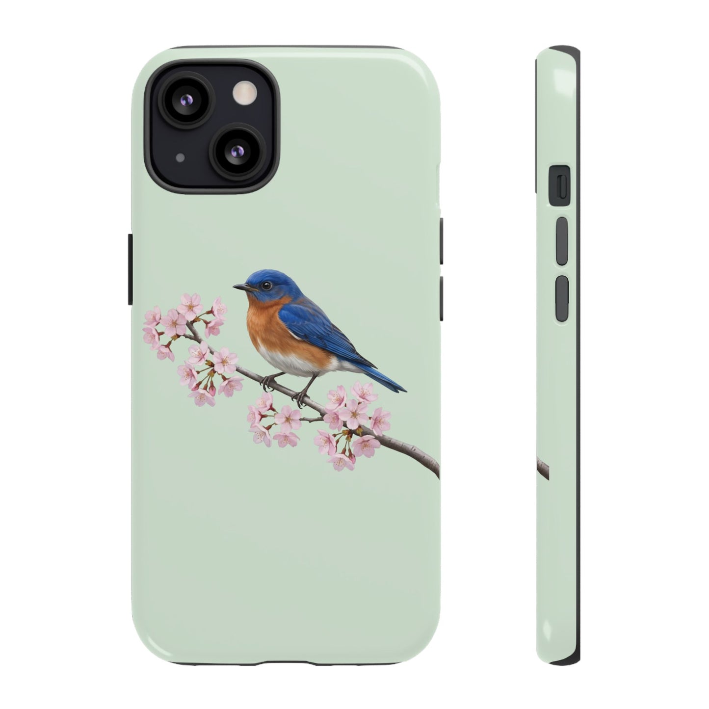 Rotkehl-Hüttensänger Handyhülle in Salbeigrün | Florales Kirschblüten Vogel-Motiv für iPhone & Google Pixel – animal lover,