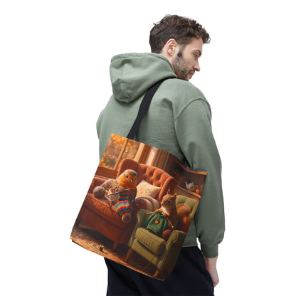 Tragetasche Gemütlicher Stricknachmittag – Rosi Rotkehlchen & Eichhörnchen All-Over-Print Stoffbeutel