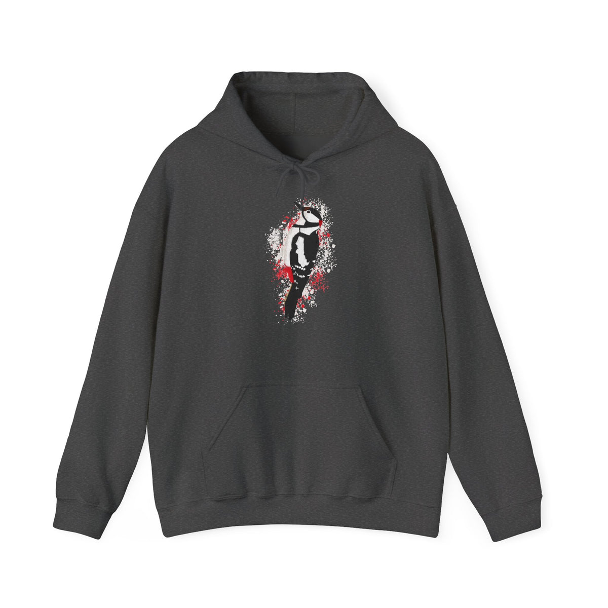 Buntspecht Hoodie – Motiv-Kapuzenpullover im Art-Design mit Sprenkel-Hintergrund