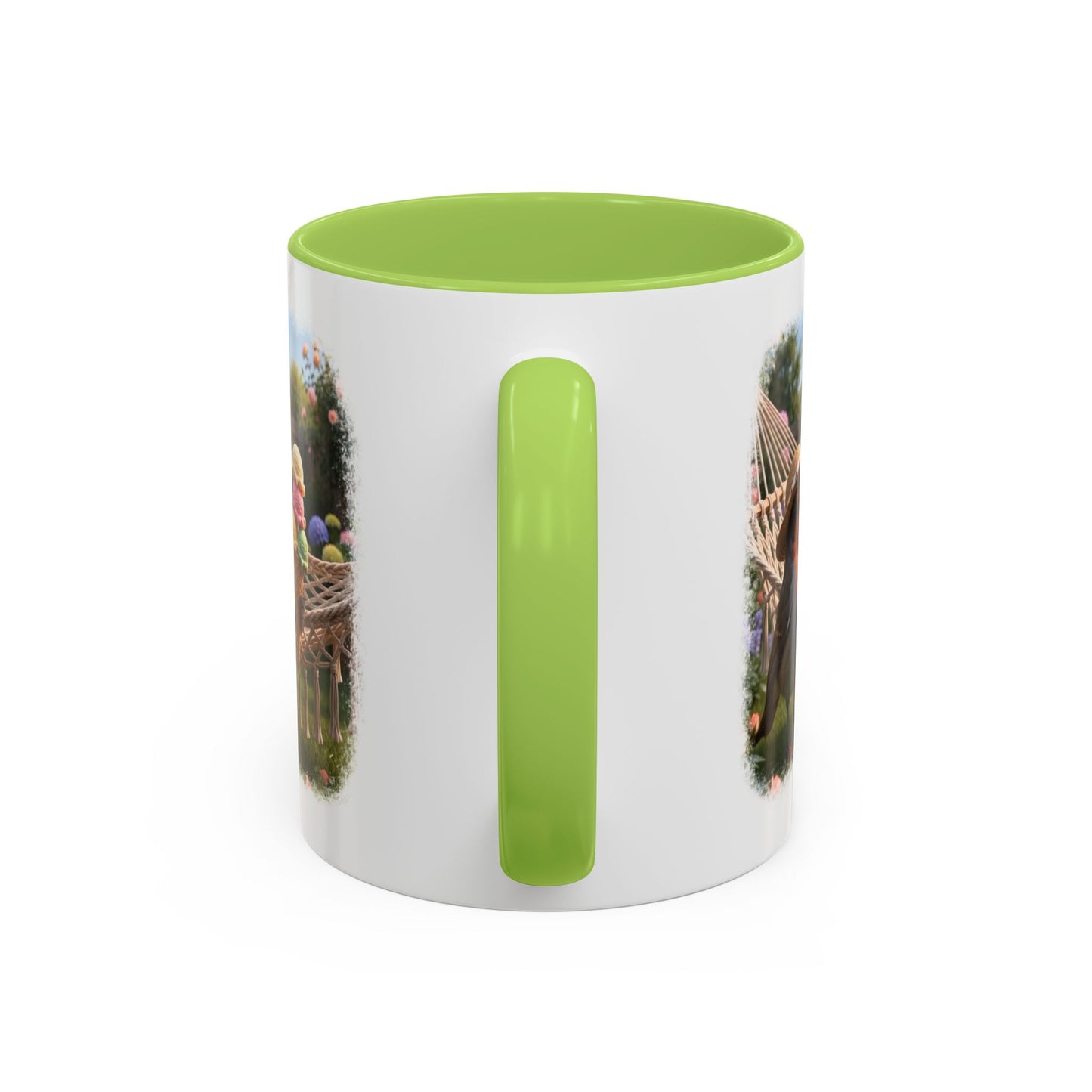 Keramiktasse Rosi Rotkehlchen und das Riesen-Eis im Garten – Kaffeebecher mit farbigem Henkel (330 ml)
