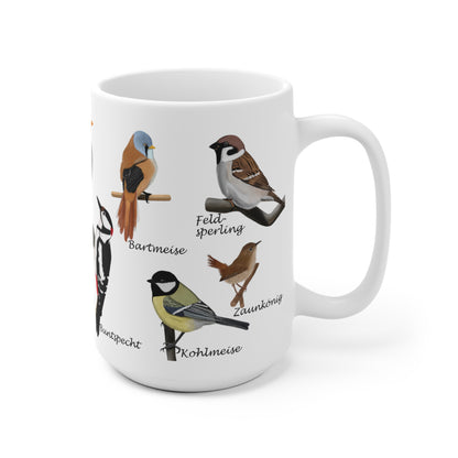 Gartenvögel Amsel Rotkehlchen Blaumeise Zaunkönig Gimpel Vogel Tasse