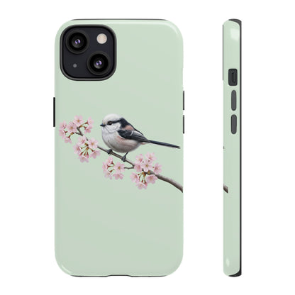 Schwanzmeise Handyhülle in Salbeigrün | Florales Kirschblüten Vogel-Motiv für iPhone & Google Pixel – animal lover,