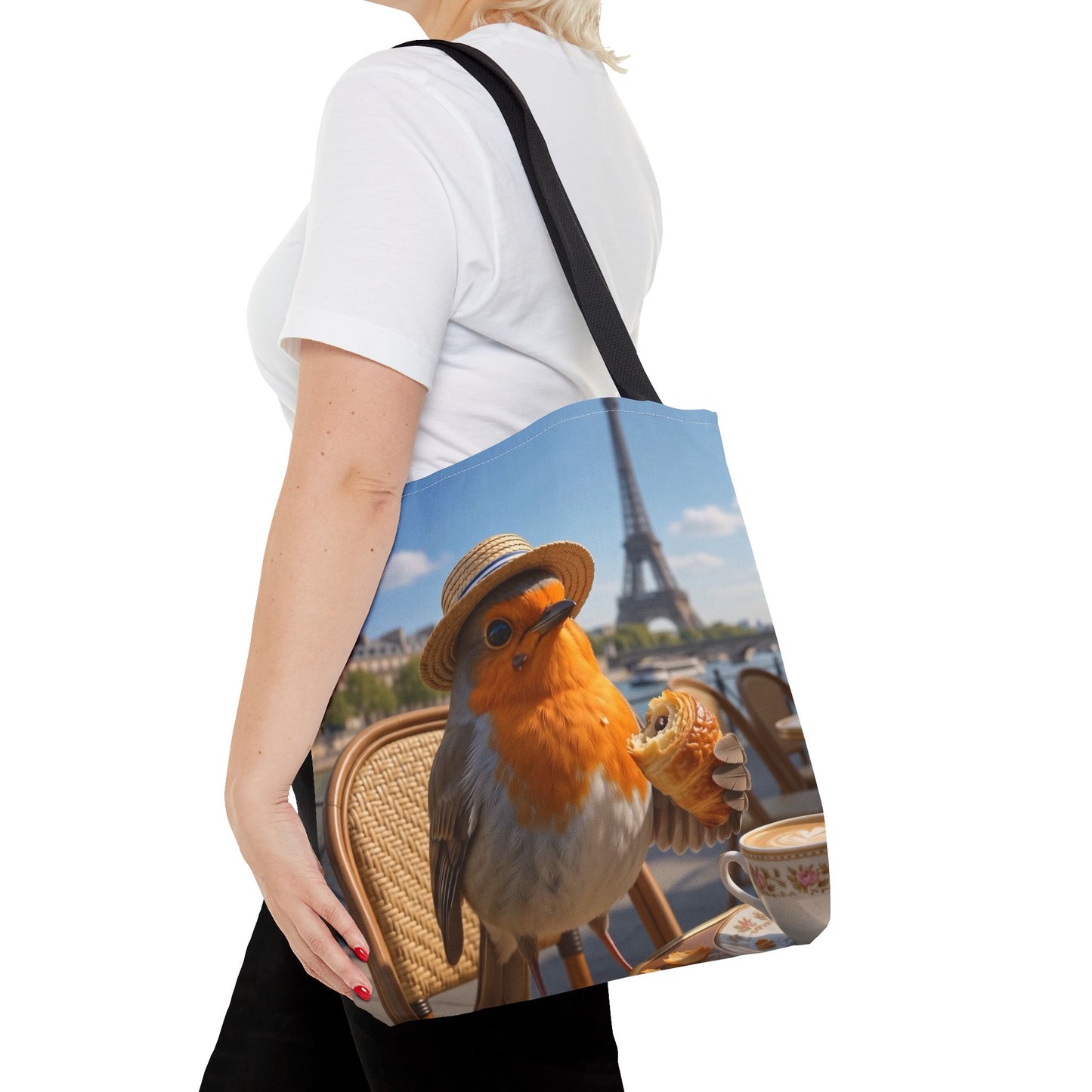 Rosi Rotkehlchen im Paris Bistro Stofftasche – Robuster Tote Bag für Reisefreunde und Vogelliebhaber