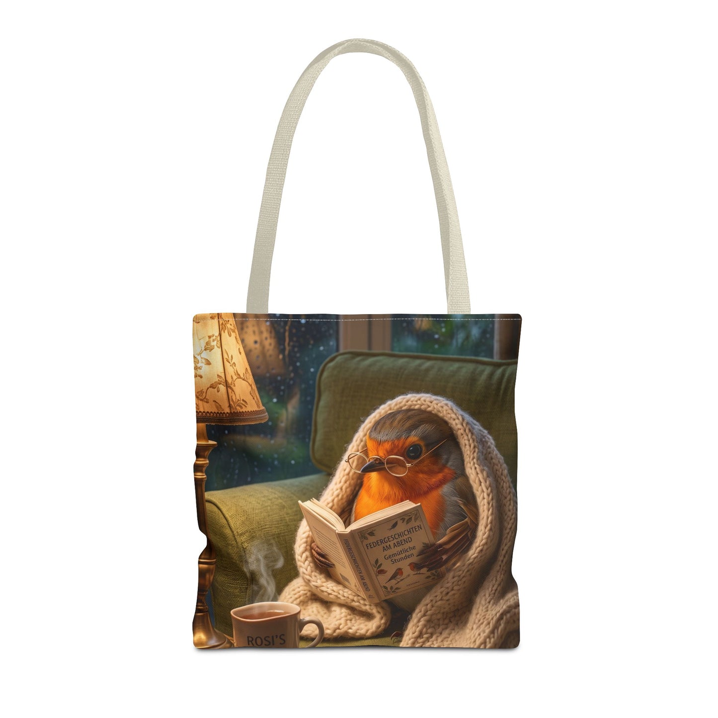 Rosi Rotkehlchen liest ein Buch Stofftasche | Beidseitig bedruckte Tragetasche