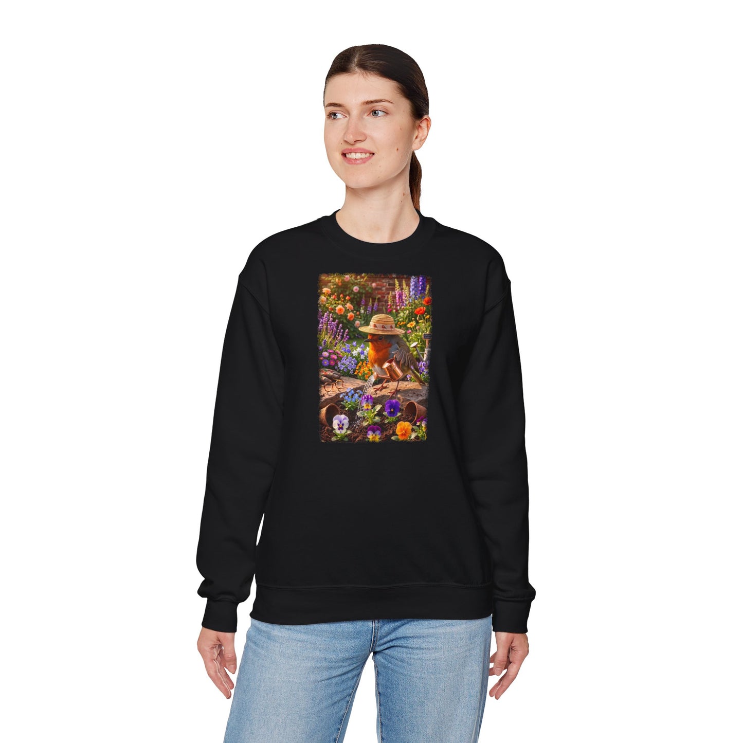 Niedliches Rotkehlchen Sweatshirt beim Blumen gießen | Gemütlicher Garten-Pullover