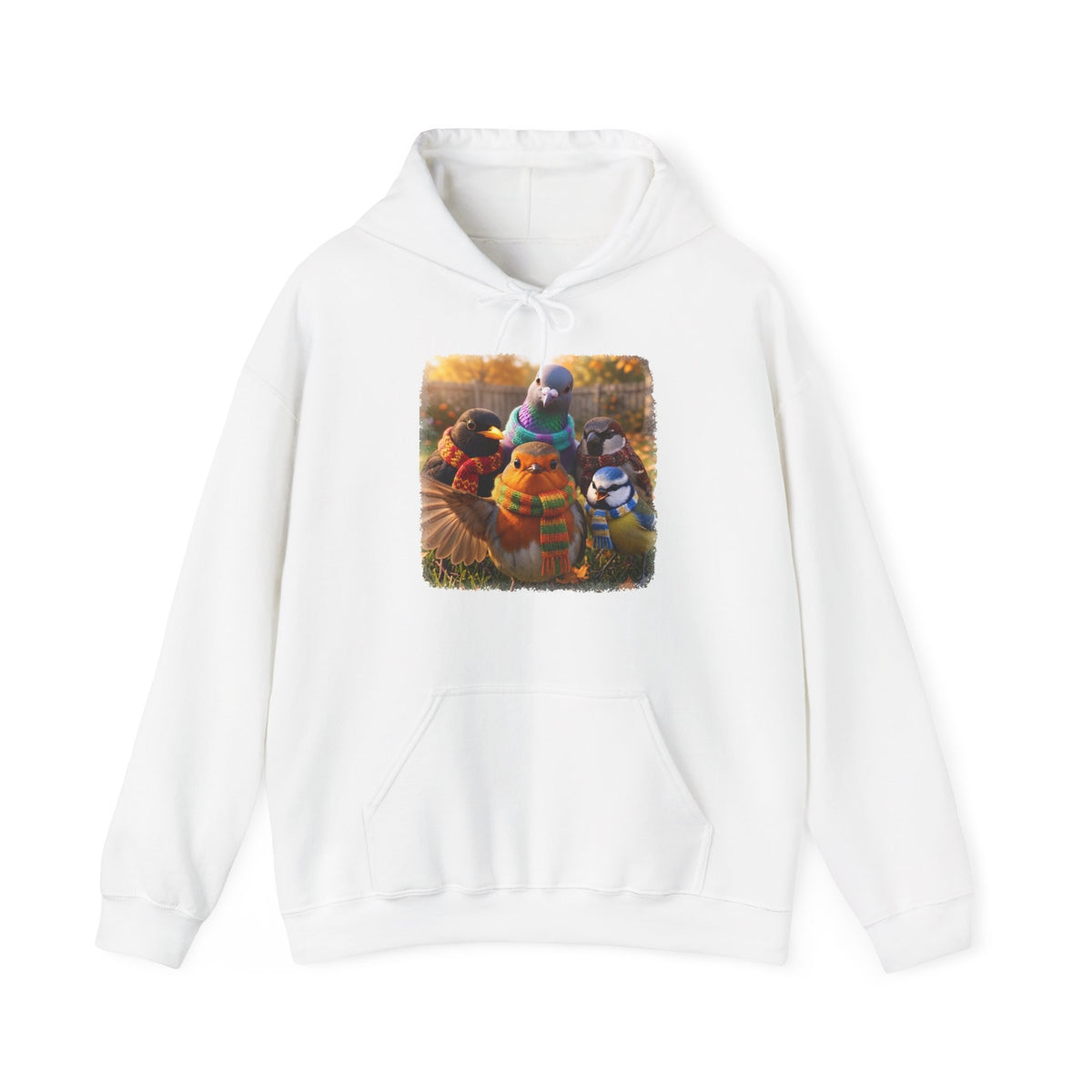 Gartenvögel Hoodie „Rosis Gruppen-Selfie“ – Kuscheliger Kapuzenpullover mit Rotkehlchen, Amsel & Meise