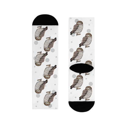 Eulen Socken Vogelsocken Weiß mit Grauen Punkten