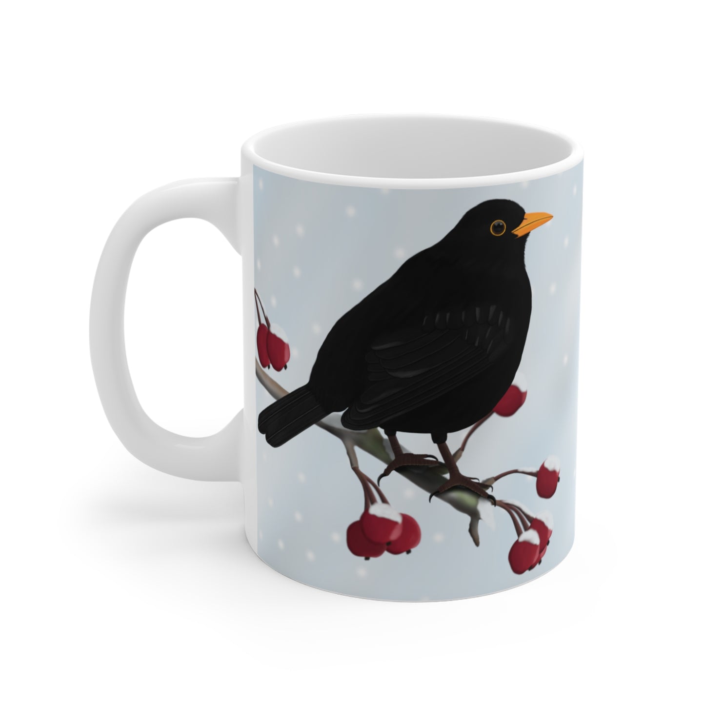 Amsel auf einem Ast im Winter Weihnachten Schnee Vogel Tasse