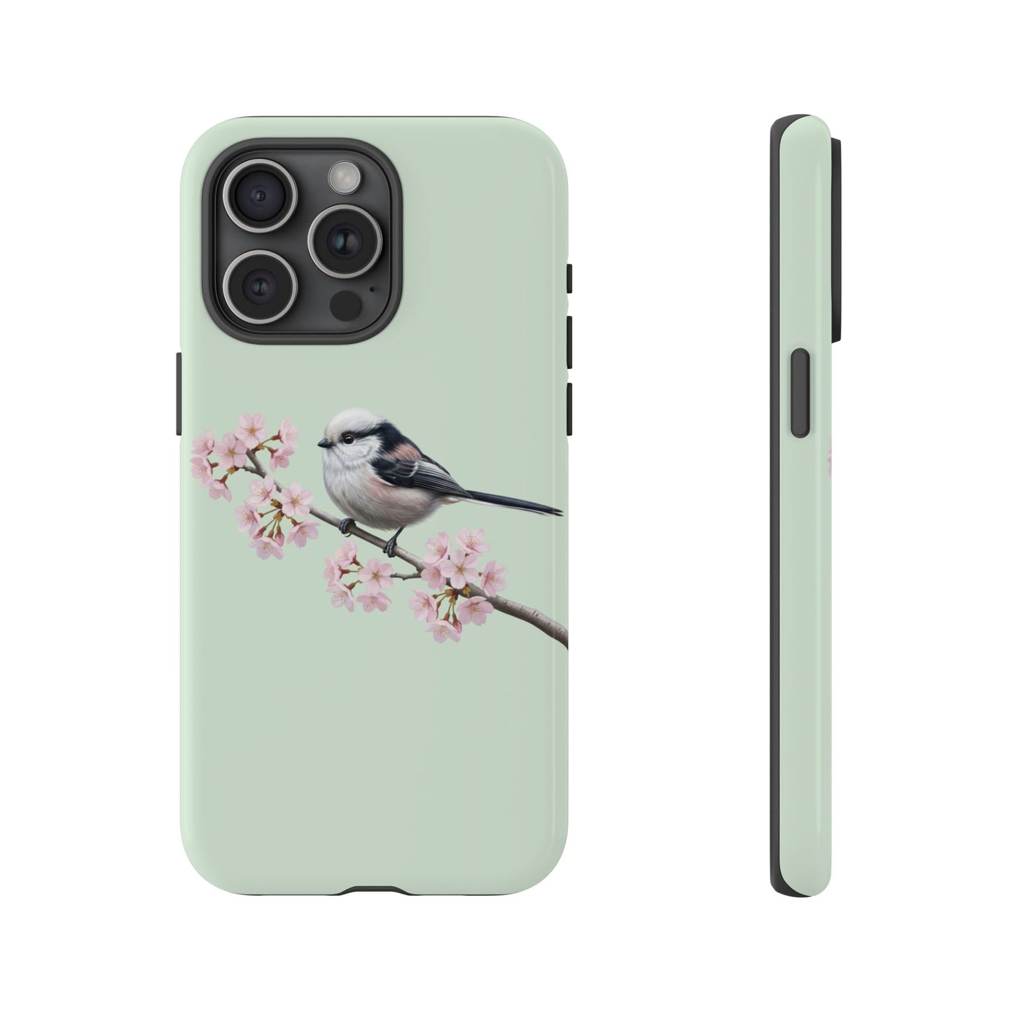 Schwanzmeise Handyhülle in Salbeigrün | Florales Kirschblüten Vogel-Motiv für iPhone & Google Pixel