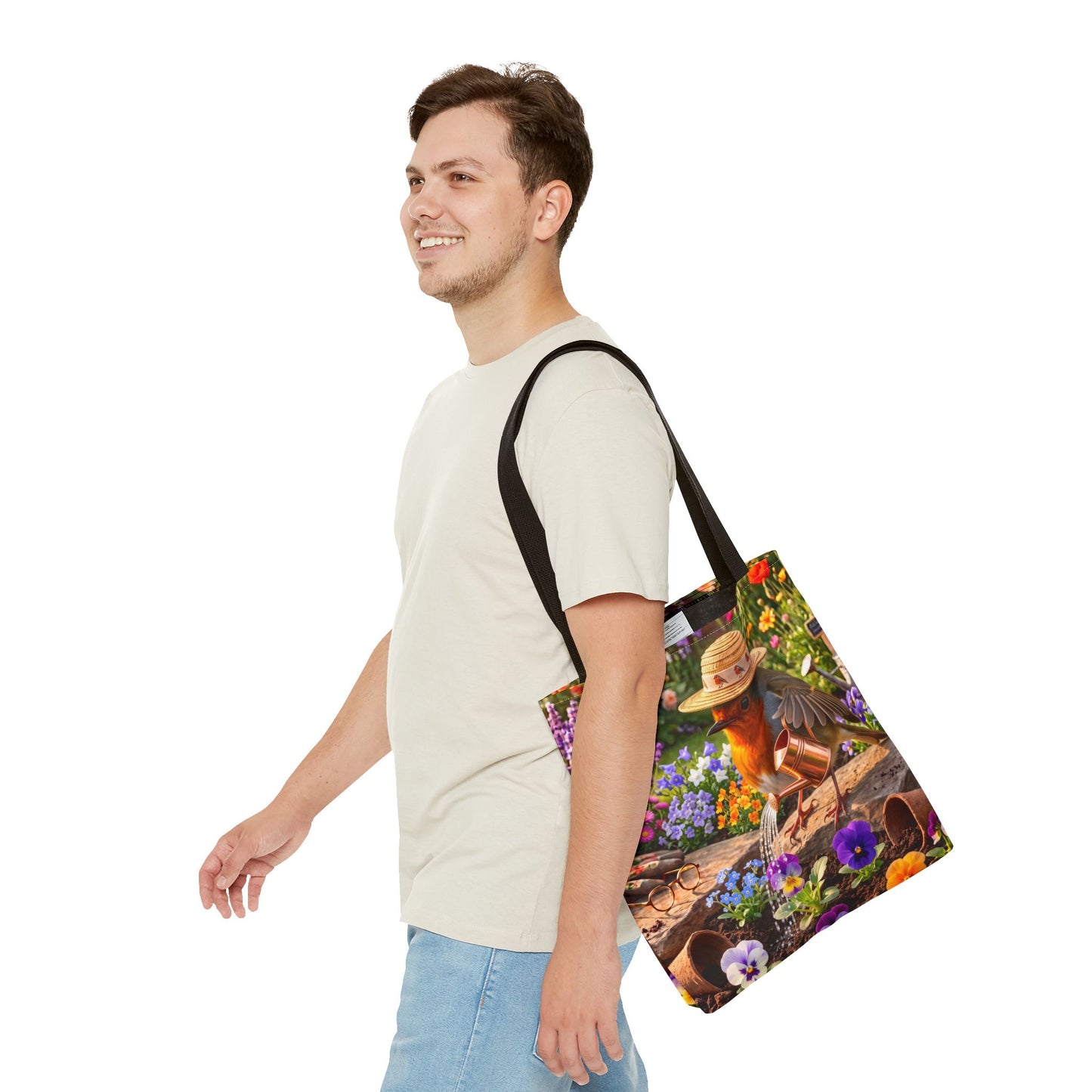 Niedliche Rotkehlchen Stofftasche beim Blumen gießen | Gemütlicher Garten-Shopper