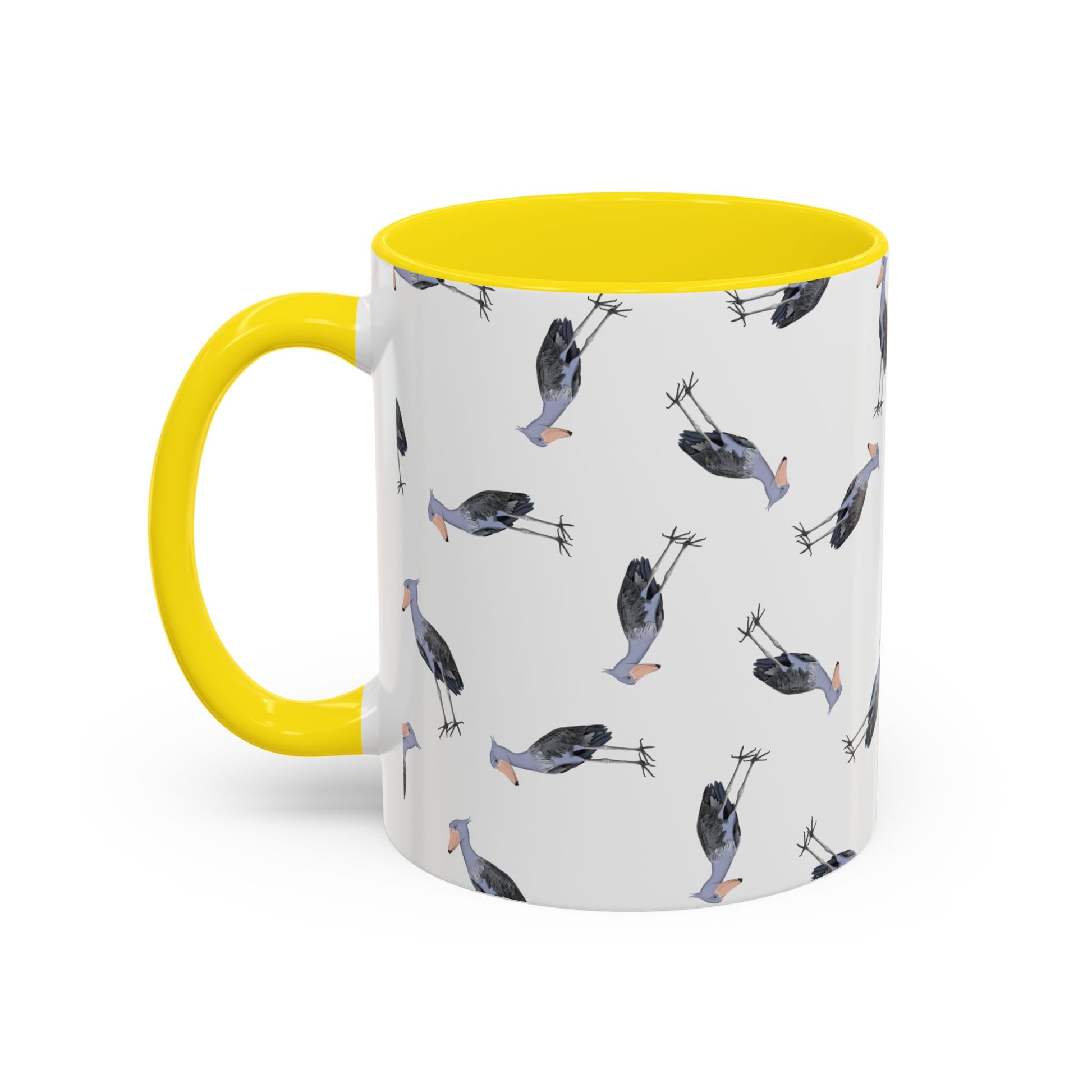 Schuhschnabel Tasse mit Streumuster | Vogelmotiv Kaffeebecher für Vogelbeobachter & Naturfreunde on Accent Coffee Mug background