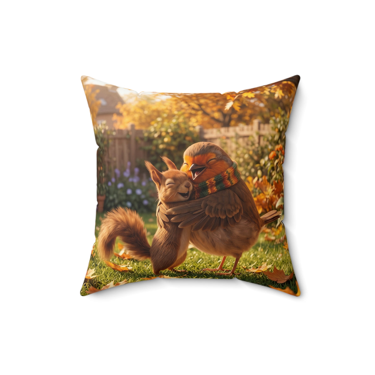 Beidseitig bedrucktes Dekokissen (40x40cm) für das Wohnzimmer. Das Herbst-Motiv zeigt eine süße Illustration: Ein Rotkehlchen und ein kleines Eichhörnchen umarmen sich. Gemütliche Herbstdeko für Vogelfreunde.