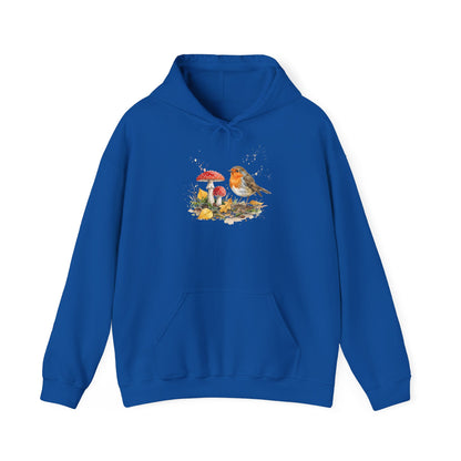 Rotkehlchen Herbst-Hoodie – Kuscheliger Kapuzenpullover mit Laub & Fliegenpilzen