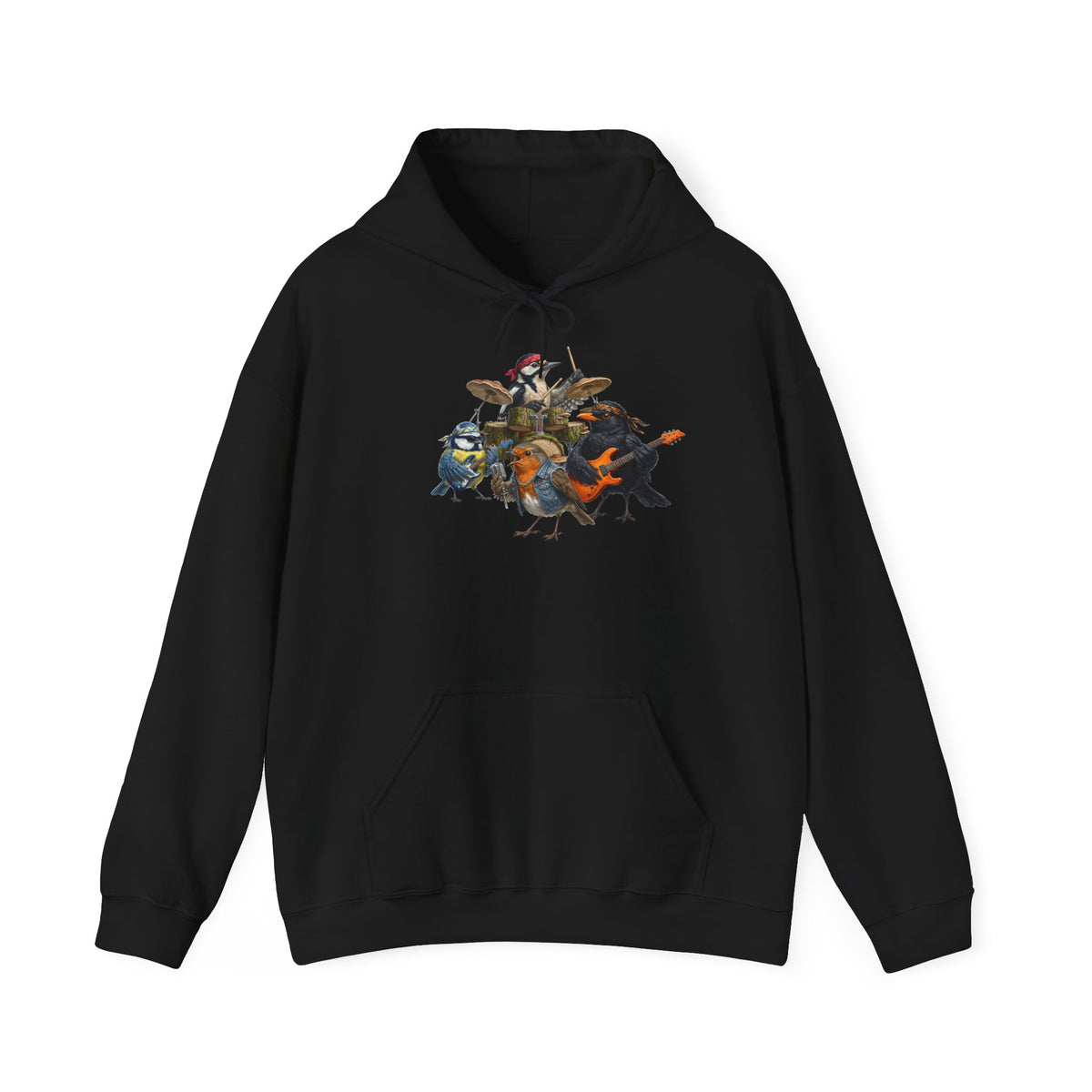 Schwarzer Unisex Hoodie für Damen und Herren mit großem Frontmotiv einer bunten Vogel-Rockband (Amsel, Rotkehlchen, Meise, Specht) – Musik Kapuzenpullover