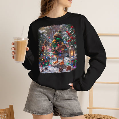 Premium Sweatshirt Ente und die Lichterkette im winterlichen Garten für Vogelfreunde