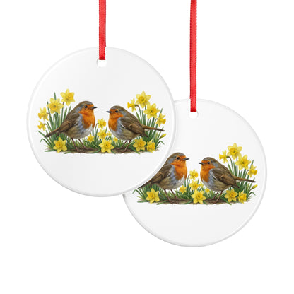 Rotkehlchen mit Osterglocken Premium Keramik-Ornament
