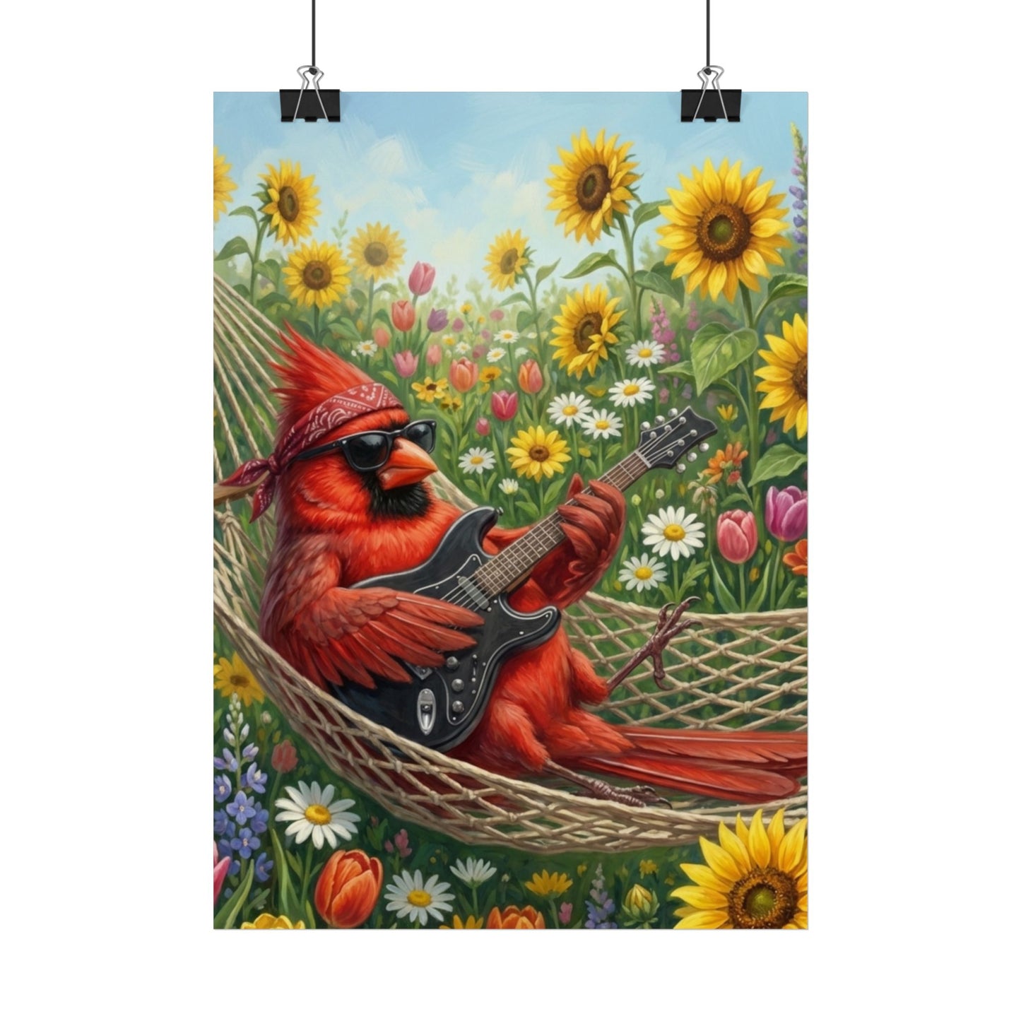 Star Vogel Poster – Rockstar Kinderzimmer – Roter Kardinal mit E-Gitarre in Hängematte | Cooles Wandbild Musik & Blumenwiese
