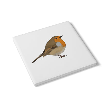 Rotkehlchen Keramik-Untersetzer Vogelmotiv Weiß