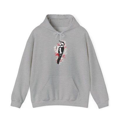 Buntspecht Hoodie – Motiv-Kapuzenpullover im Art-Design mit Sprenkel-Hintergrund