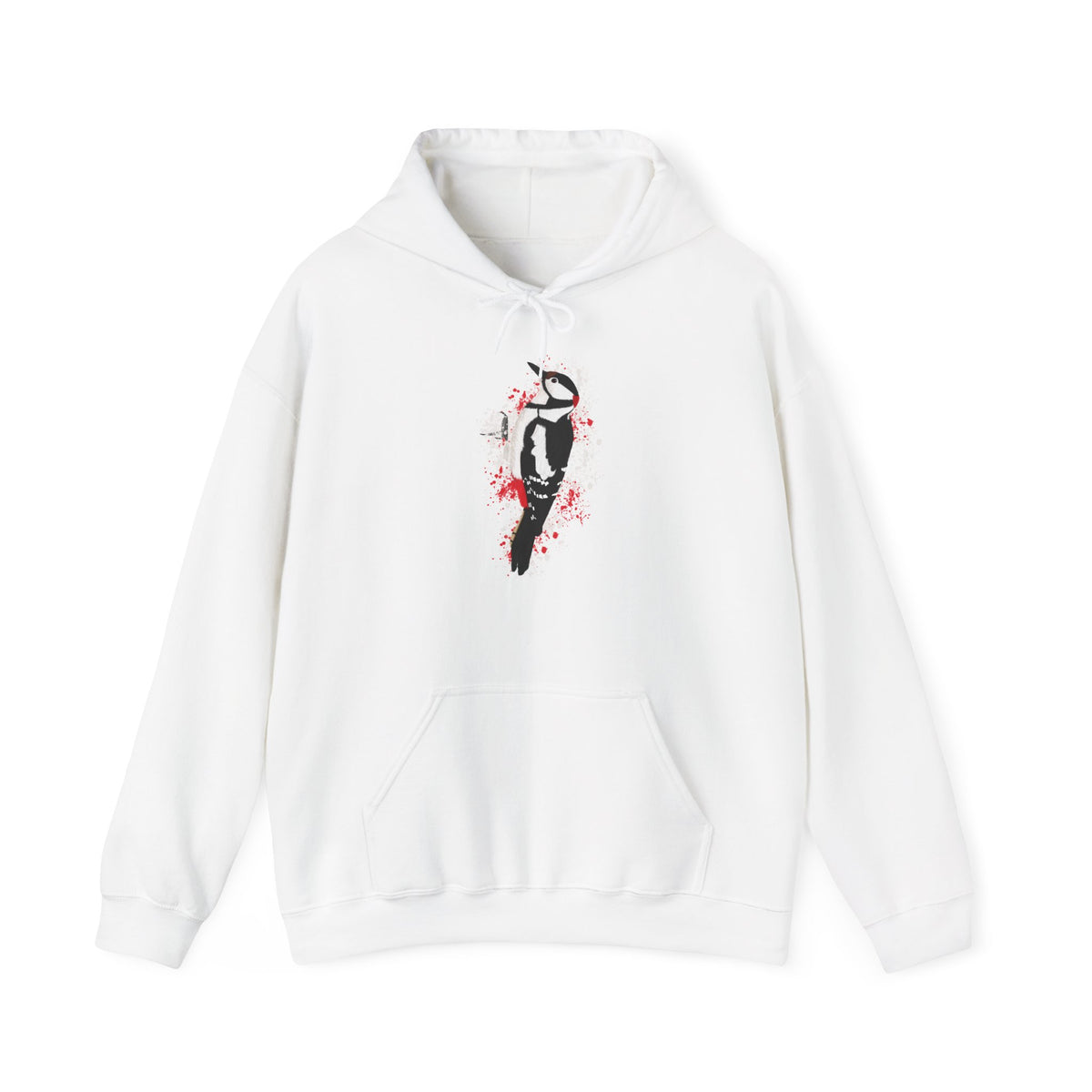 Buntspecht Hoodie – Motiv-Kapuzenpullover im Art-Design mit Sprenkel-Hintergrund