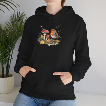 Rotkehlchen Herbst-Hoodie – Kuscheliger Kapuzenpullover mit Laub & Fliegenpilzen