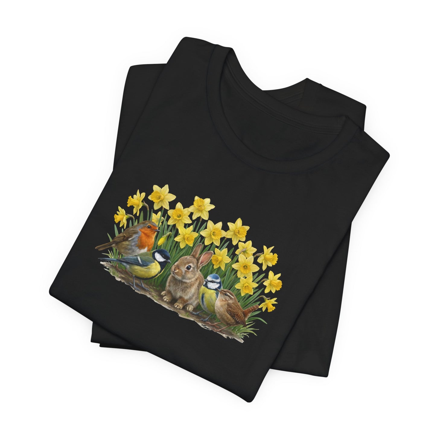 Oster T-Shirt "Gartenfreunde" - Kaninchen, Rotkehlchen & Meisen in Osterglocken | Premium Baumwolle