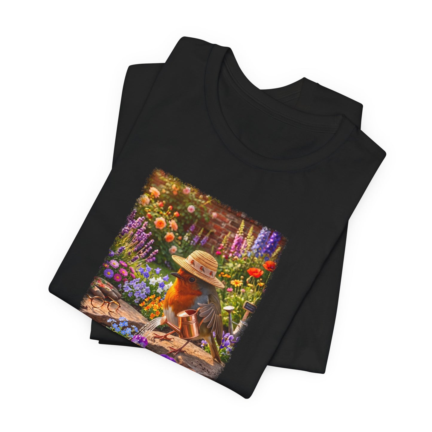 Niedliches Rotkehlchen T-Shirt beim Blumen gießen | Gemütliches Garten-Motiv