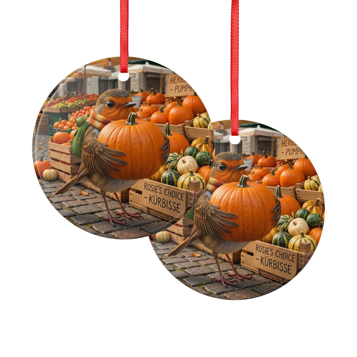 Premium Keramik Ornament Rosi Rotkehlchen & der Riesen-Kürbis | 7,5x7,5 cm | Lustige Herbst Deko für Vogelfreunde