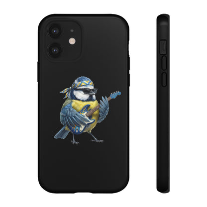 Blaumeise mit Gitarre Premium Handyhülle – Doppelt Geschützt & Rundum Bedruckt Schwarz