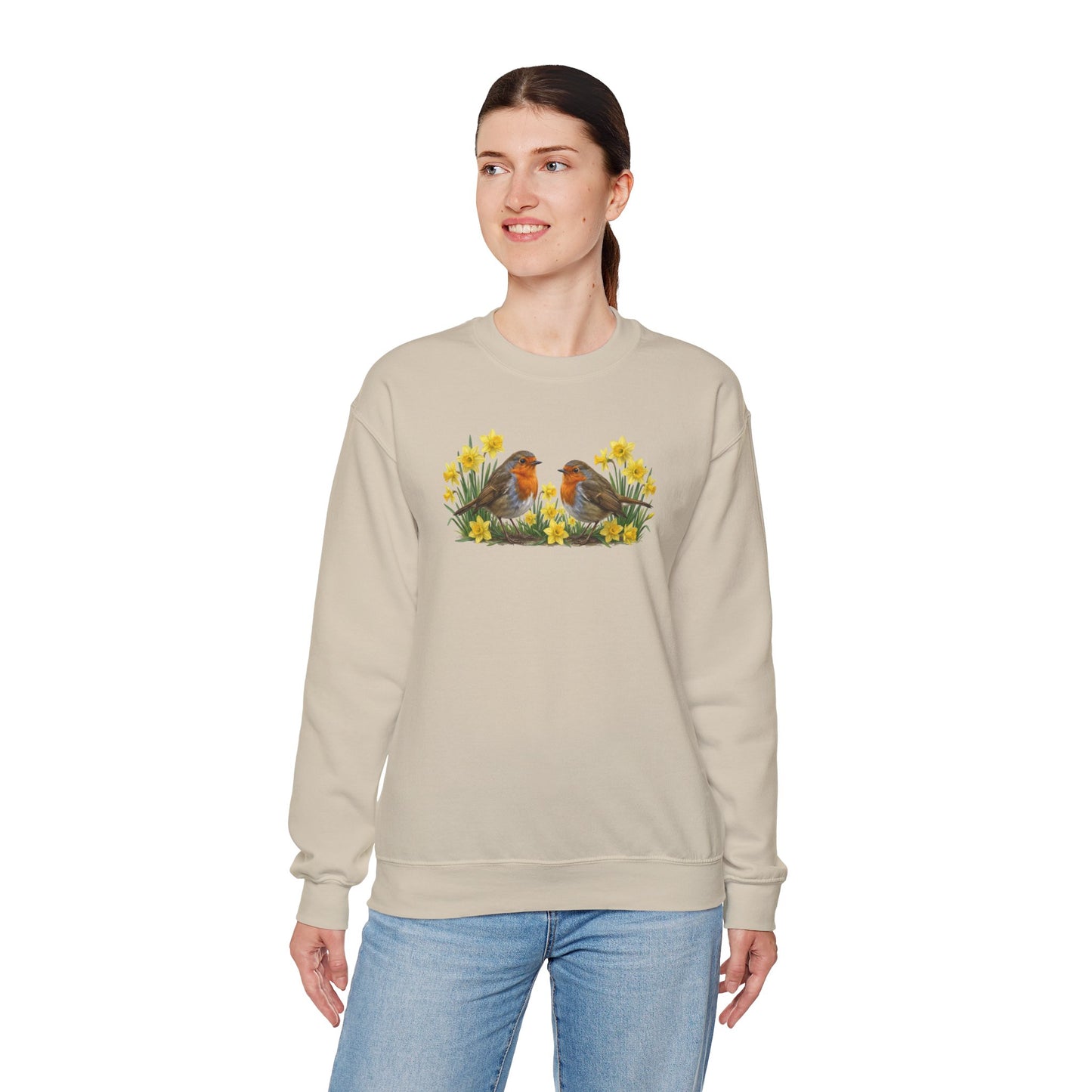 Rotkehlchen Oster-Sweatshirt Frühlingswiese – Singvögel in Osterglocken | Unisex Pullover