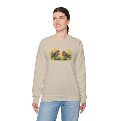 Rotkehlchen Oster-Sweatshirt Frühlingswiese – Singvögel in Osterglocken | Unisex Pullover