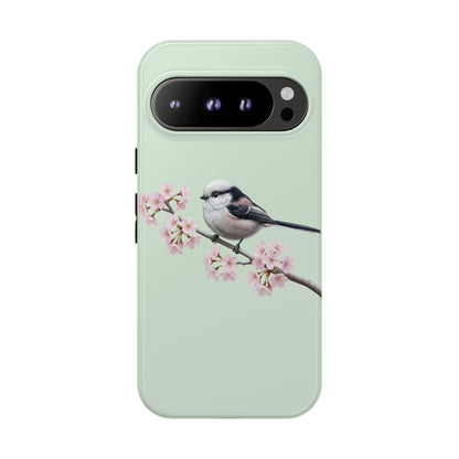 Schwanzmeise Handyhülle in Salbeigrün | Florales Kirschblüten Vogel-Motiv für iPhone & Google Pixel