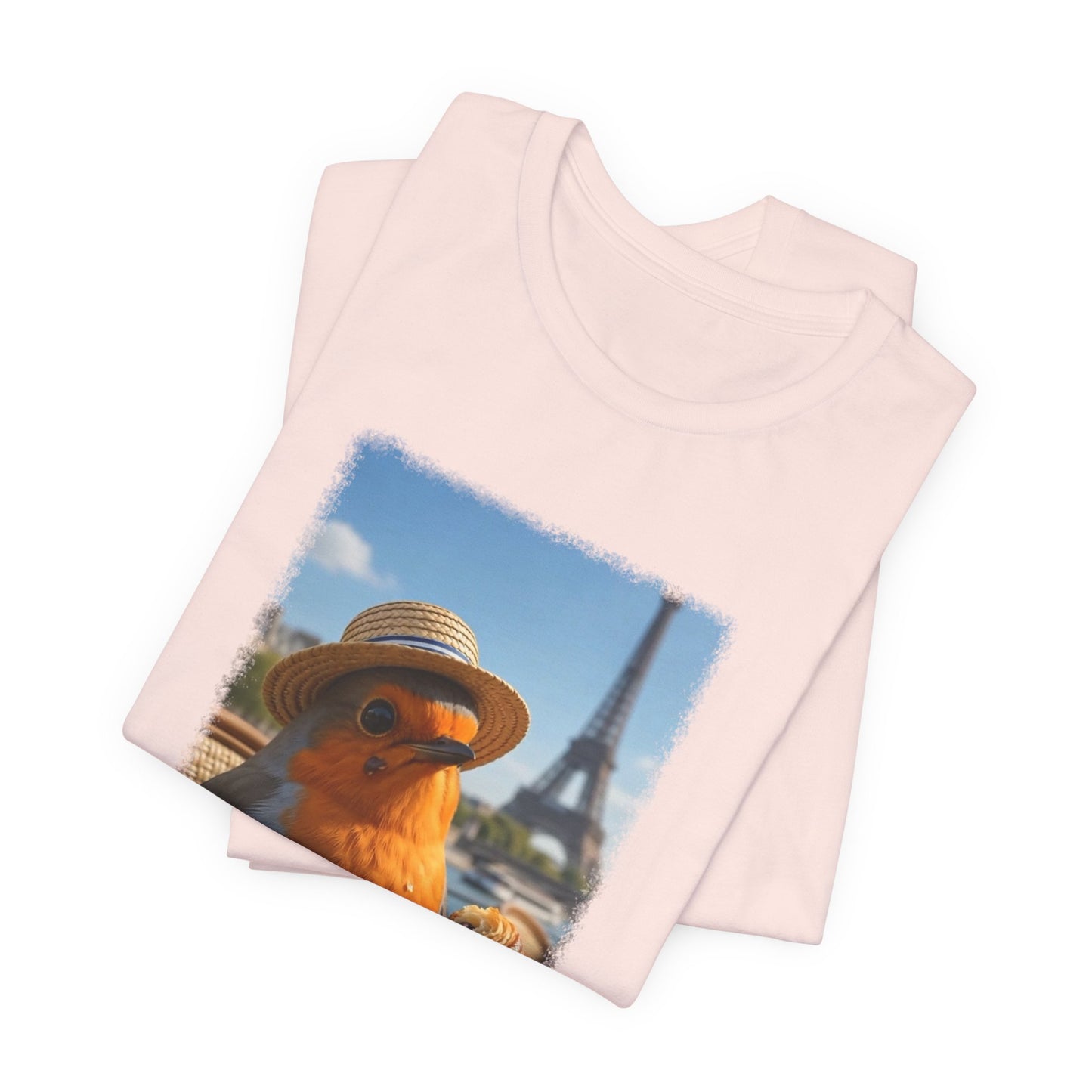 Rosi Rotkehlchen im Paris Bistro T-Shirt – Bequemes Premium Shirt für Vogelfreunde