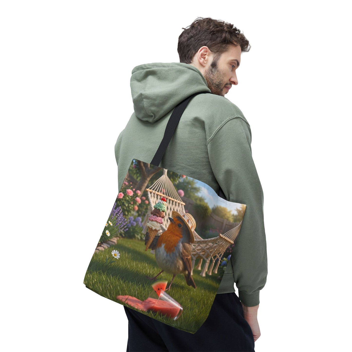 Premium Tragetasche Rosi Rotkehlchen und das Riesen-Eis im Garten (40 x 40 cm)