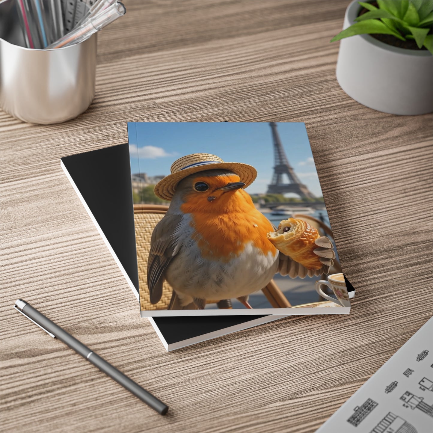 Rosi Rotkehlchen im Pariser Bistro Notizbuch A5 liniert für Vogelbeobachter und Gartenfreunde
