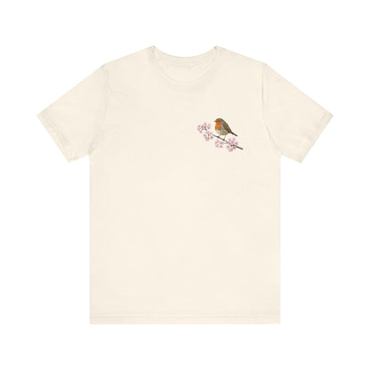 Rotkehlchen T-Shirt mit Kirschblüten | Florales Vogelmotiv für Vogelfreunde