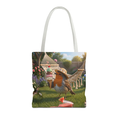 Premium Tragetasche Rosi Rotkehlchen und das Riesen-Eis im Garten (40 x 40 cm)