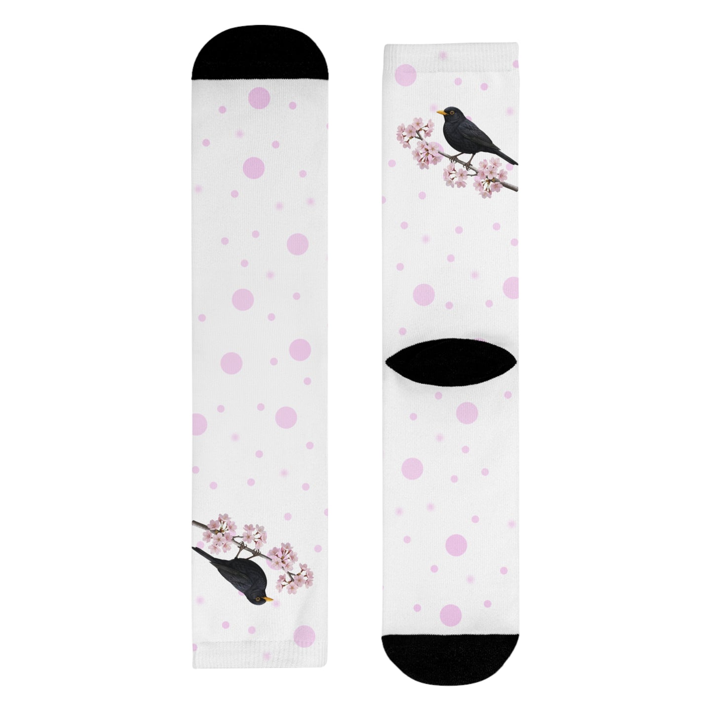 Amsel Socken – mit Kirschblüten | Weiß Rosa gepunktete Vogelmotiv Strümpfe