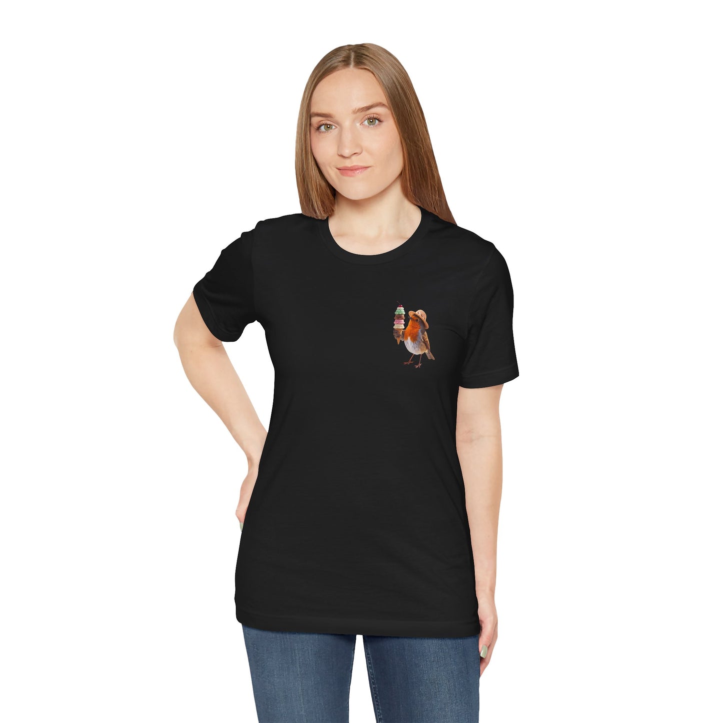 Premium T-Shirt Rosi Rotkehlchen & das Riesen-Eis | Geschenk für Vogelfreunde