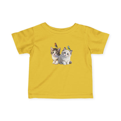 Süßes Kätzchen Tiermotiv Baby T-Shirt mit Rotkehlchen und Blaumeise