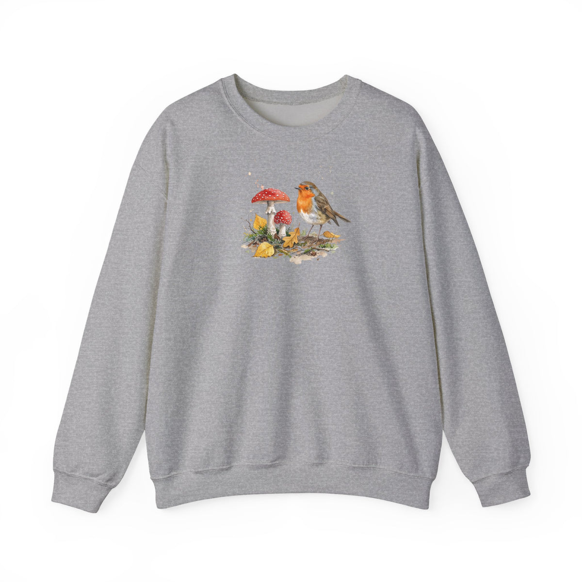 Rotkehlchen Herbst-Sweatshirt – Gemütlicher Pullover mit Herbstlaub & Fliegenpilzen