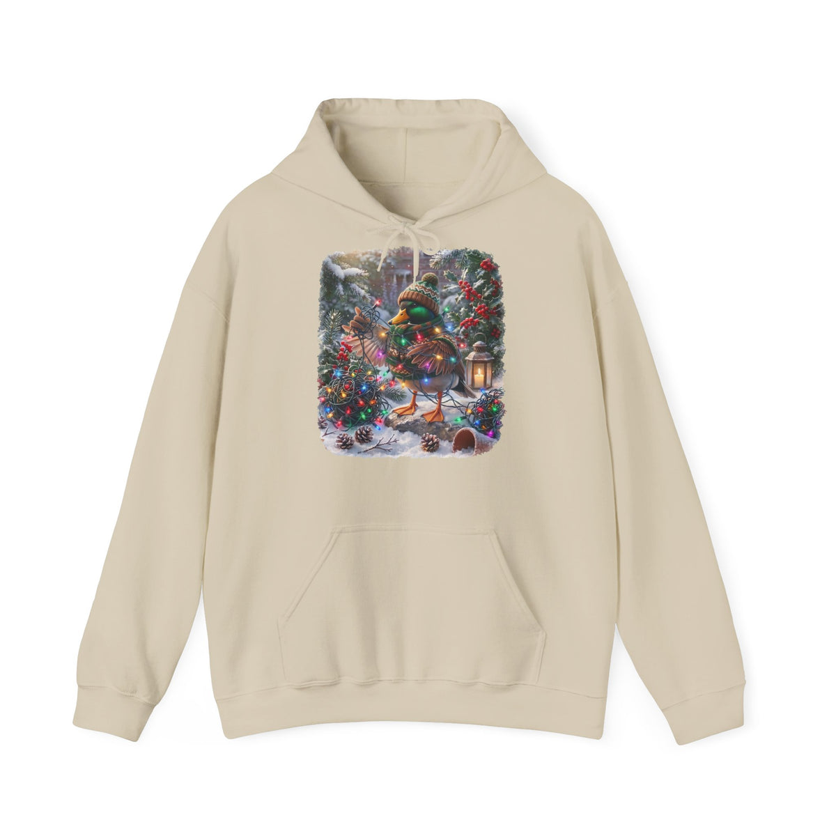 Premium Hoodie Ente und die Lichterkette im winterlichen Garten für Vogelbeoachter